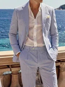 Menswear Men's 2-Piece Bubble Gauze Summer Slim Fit Outfits Suit Groom Sear Sucker Suit Suitable for Wedding & Outfits Fashion