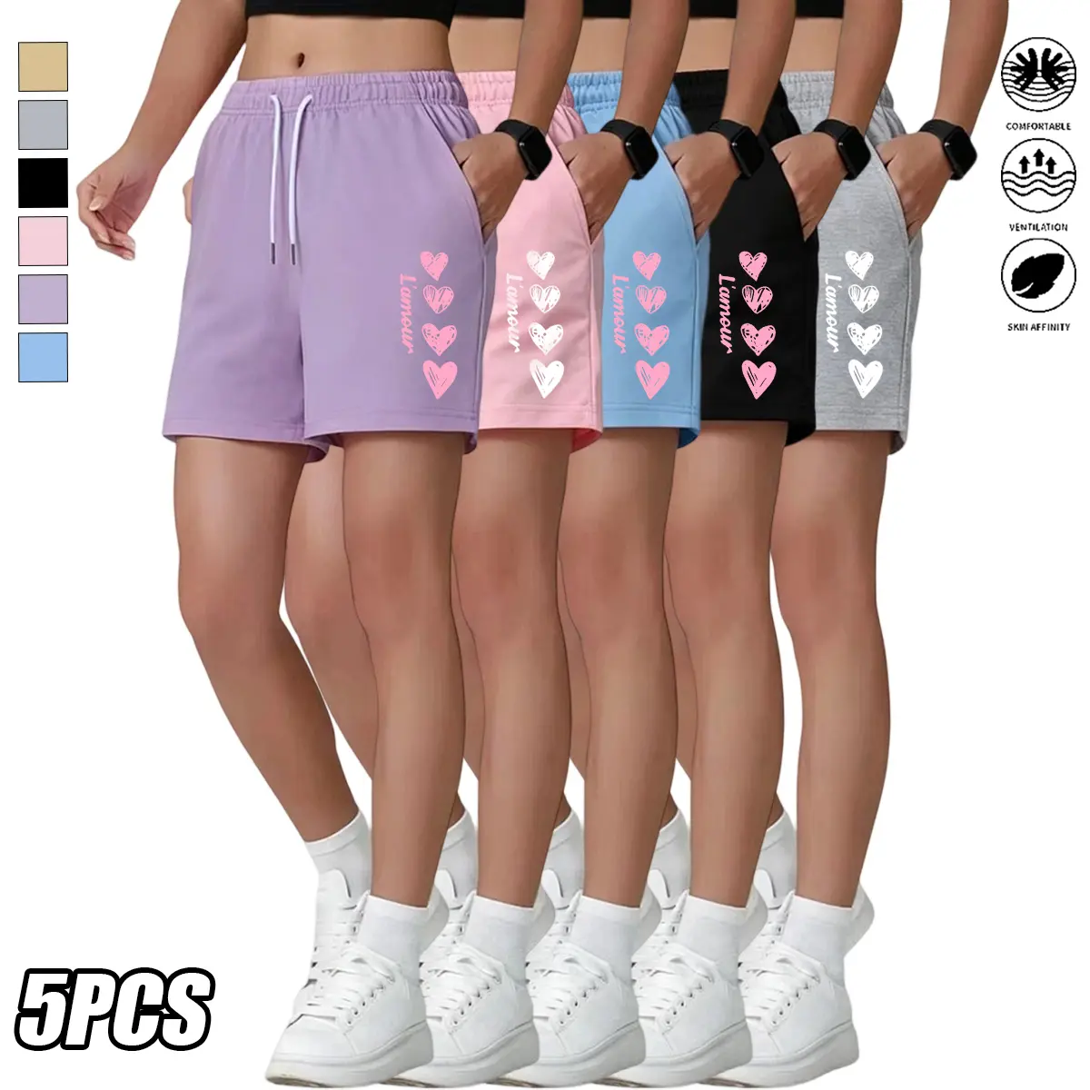 Set of 5 women’s casual athletic shorts featuring a heart print, an elastic waistband with drawstring and adjustable fit; suitable for vacations and everyday wear—women’s shorts ideal for summer styling. women