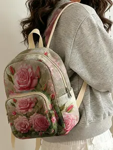 1 piece of lady's backpack with pink rose pattern 2D printed, corduroy texture + layered storage + light weight reduction | Perfect for students to go to class/shopping/short trips | Combines atmosphere with practicality