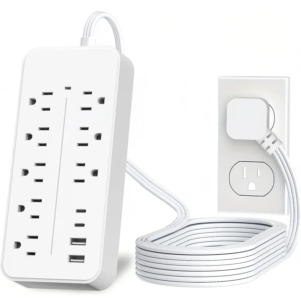 White Flat Extension Cord Power Strip - 8 Outlets, 4 USB Ports, Under Carpet Use, Overload Protection, Aesthetic Indoor Dorm Room Accessory for Home & Office Electrical Devices