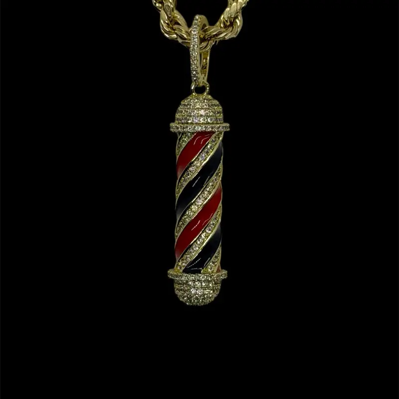 14k Gold Plated Barber Pole CZ Pendant Necklace, Daily Chain Jewelry Necklaces for Men