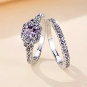 Women's 2-Piece Dazzling Stone Stackable Ring Set - Stone Accent, Double Sparkle, High-End Everyday Wear Jewelry for Aerobics, Leisure (2 Rings Included), Two Rings
