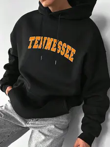 Men's Casual Black Loose-fit Long Sleeves Hoodies, Sweatshirts, Orange "TENNESSEE" Graphic Print with Pockets, Casual Hooded Tops Ideal for Daily & Campus Wear