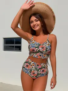 Vintage Floral Print High Waisted Two Piece Bikini Set Tummy Control Crop Top Swimsuit for Women Summer Beach Vacation