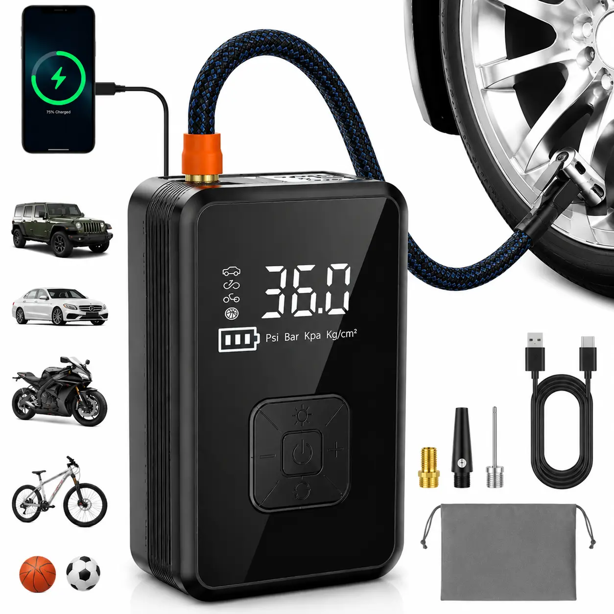 Cordless Car Tire Inflator Portable Air Compressor with High-Capacity Battery Wireless Digital Display Enhanced Safety for Cars & Inflatables Onboard Tools Emergency Power Supply Tire Pressure Monitoring and Repair Kit