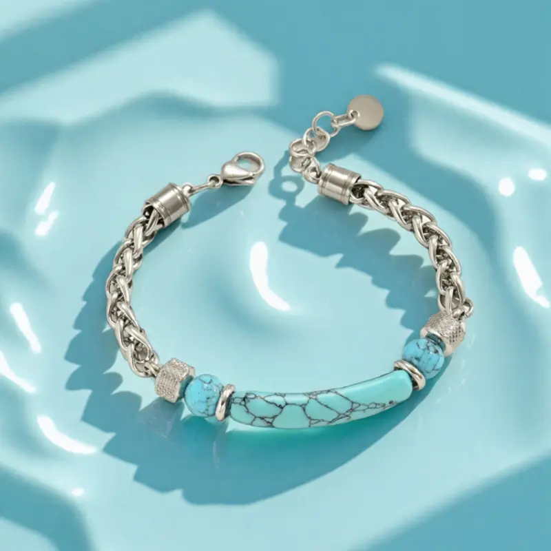 Women's Premium Bracelet - Stainless Steel Geometric Boho Elegant Casual Bangle, Personalized Light Luxury Synthetic Turquoise Female Jewelry with Exquisite Workmanship, Ideal for Daily Wear, Birthday Gifts, Arm Candy Accessories