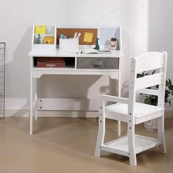GARVEE Kids Desk and Chair Set, Wooden Study Table with Storage Bins, Bookshelf, Bulletin Board, and Pen Holder, Writing Table for Boys and Girls, White