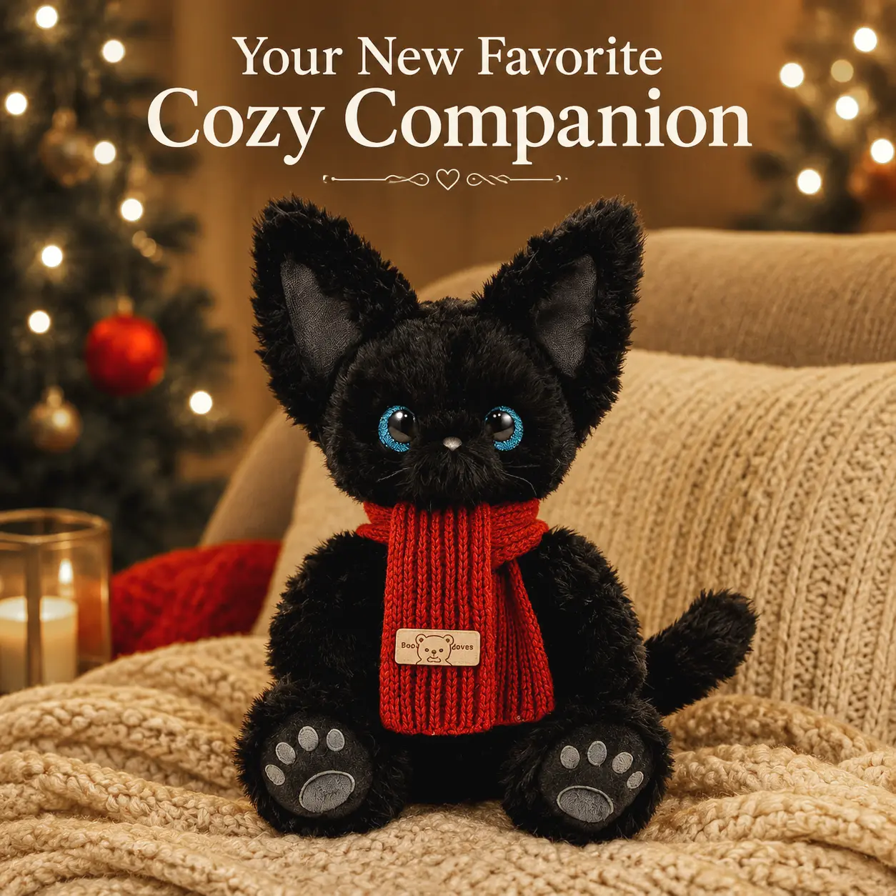 Smilebella Cute Black Cat Plush Toy, 8"-10" Small & Large Sitting Kitten Stuffed Animal with Optional Red or Gray Scarf, Soft Cuddly Cat Doll Room Decor Birthday Gift for Kids, Adults & Cat Lovers