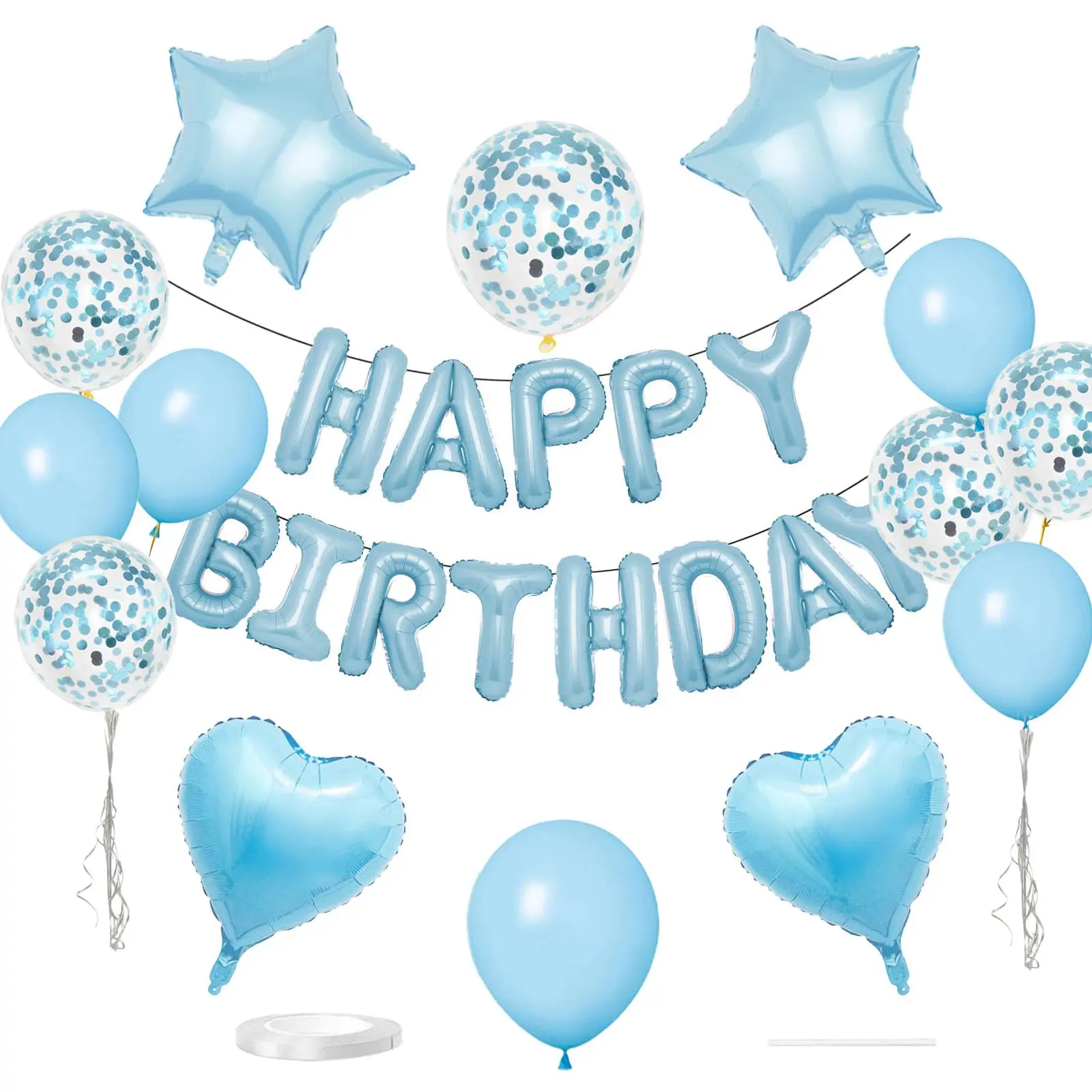 27Pcs Festive Party Supplies Set - 3D "Happy Birthday" Letter Banner, Star Heart Foil Balloons, Confetti Balloons, Plastic Pump, Aluminium Light for Kids' Home Decor & Christmas Gifts
