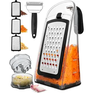 Cheese Grater with Garlic Crusher- Box Grater Vegetable Shredder with 3 Stainless Steel Blades - Graters for Kitchen-Rotary Cheese Graters with Handle - Garlic Mincer Tool and Vegetable Peeler