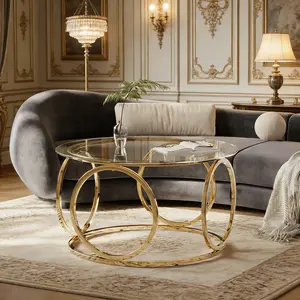 31.5"Modern Round Glass Top Coffee Table with Circular Metal Frame, Contemporary Accent Center Table for Living Room, Office, and Lounge(Clear Glass + Gold Frame)