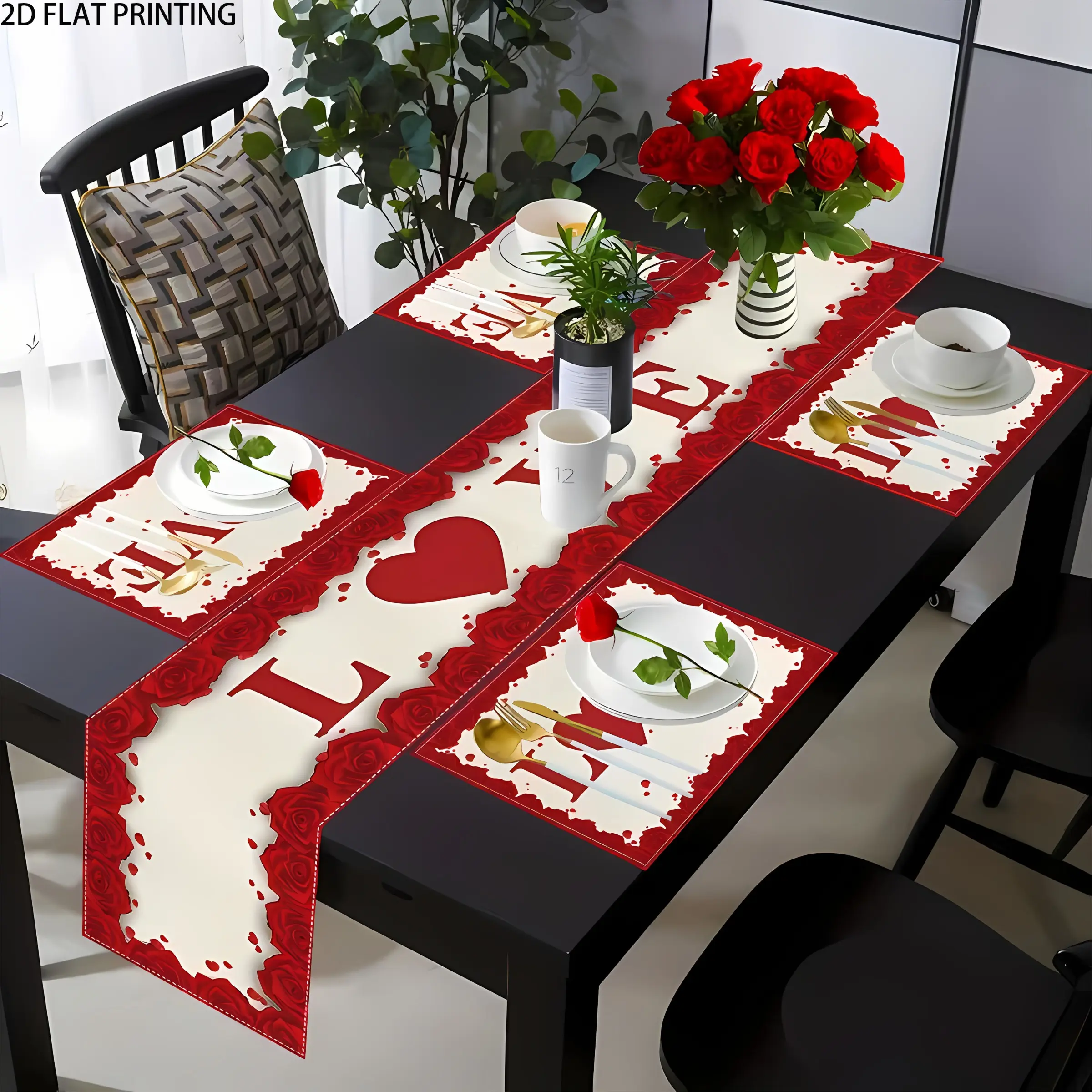2D flat printing, 1/4/6/5/7 pieces set, Valentine's Day table flag placemat set, Heart Placemats, Coasters, rose flower red heart pattern, suitable for anniversaries, weddings, festivals, kitchens, restaurants, indoor and outdoor decoration