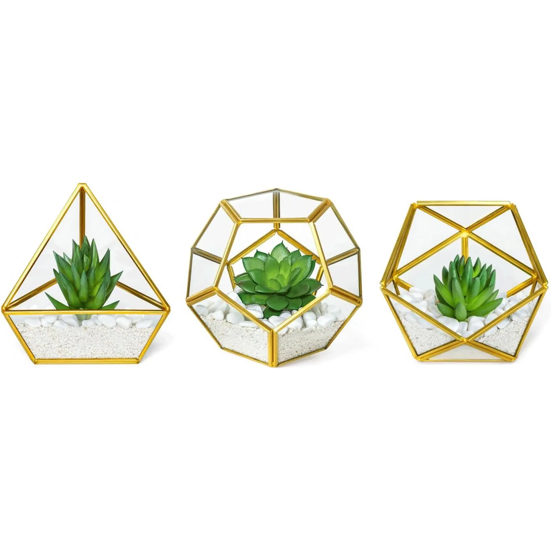3 Pack Artificial Succulent in Mini Glass Geometric Terrarium for Bookshelf Desk Office Room Decor Ideal as Dorm Gift for Women and Girls with Gold Decorative Fruit