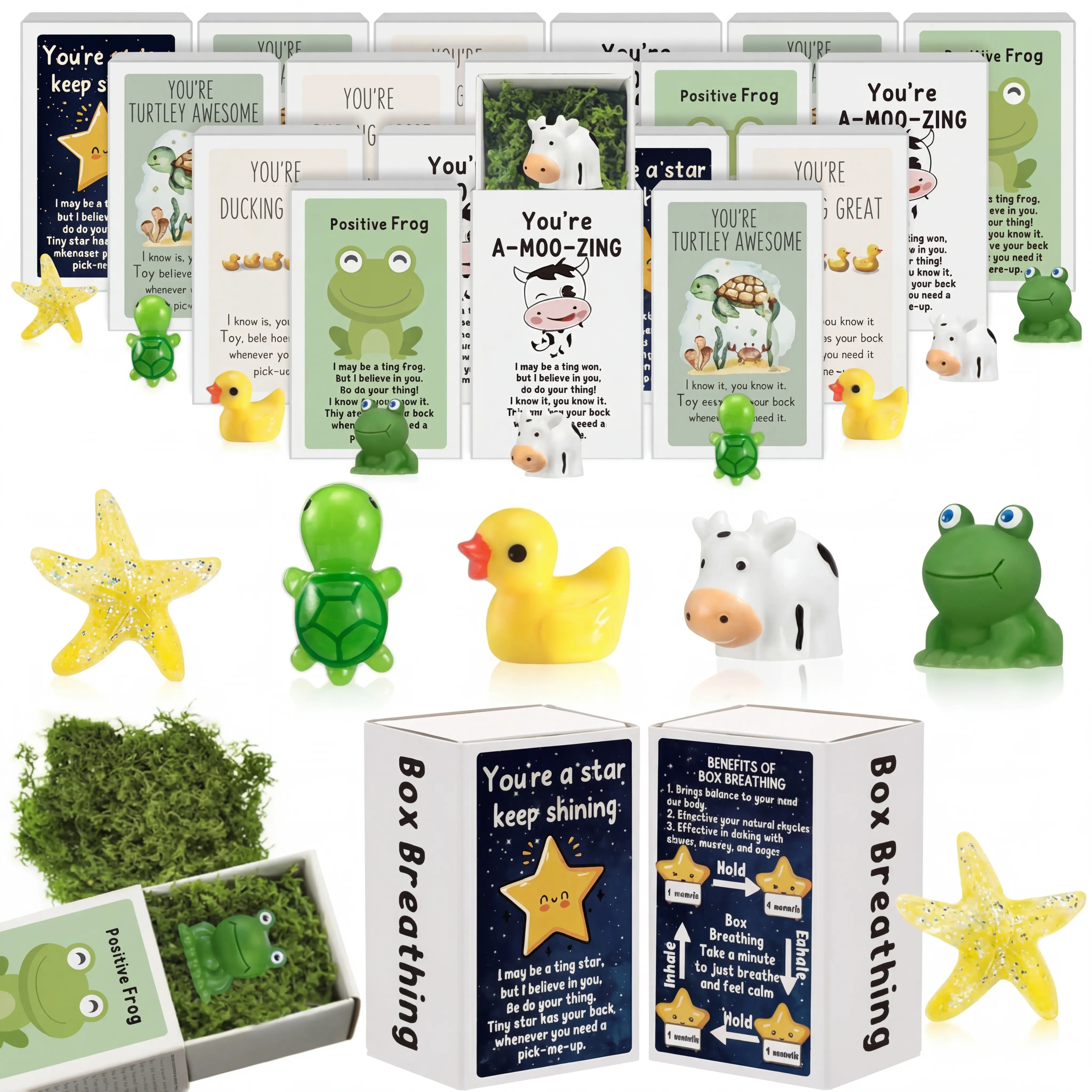 25/50 Pcs Mini Figures Back to School Positive Gift Resin Animals Ornament with Emotional Card Gift Box Packaging, Back to School Mini Gifts, Teacher Appreciation Awards Office Desk Ornaments Party Favors