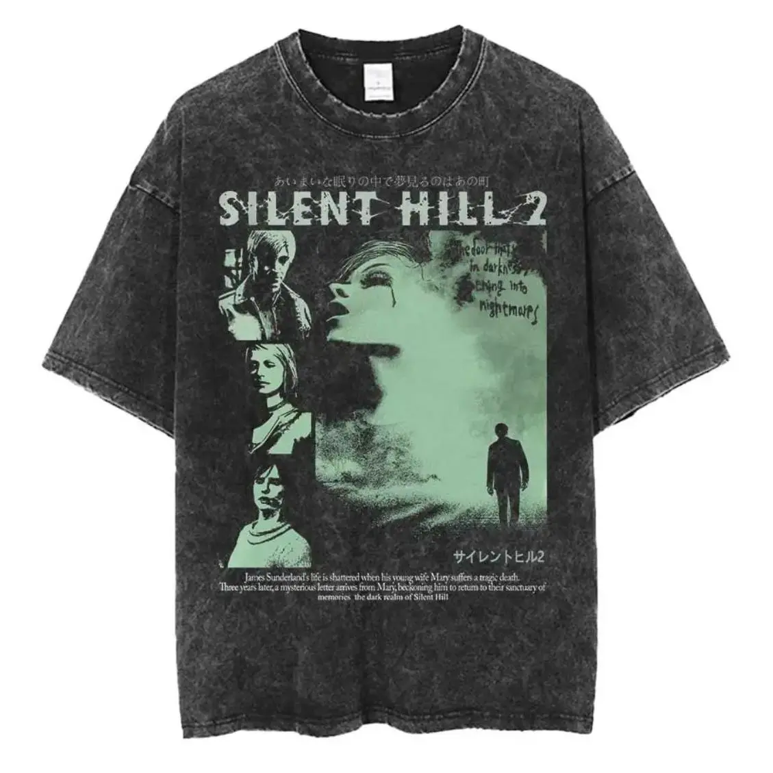 Men's Silent Hill 2 Oversized Vintage Graphic Tee - 100% Cotton Garment-Washed Short-Sleeve Round Neck Menswear, Retro Gaming Hiphop Streetwear, All-Season Machine-Washable DTG Print Casual Top, Shortsleeve, Casual Street Fashion