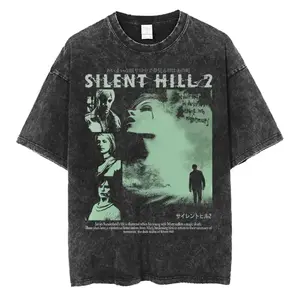 Silent Hill 2 Videogame Oversized Graphic Tee - 100% Cotton Vintage Washed Short-Sleeve Round Neck Top for Men, Retro Gaming Hiphop Streetwear Tops, Garment-Washed Direct-to-Garment Print Vintage Graphic Tees