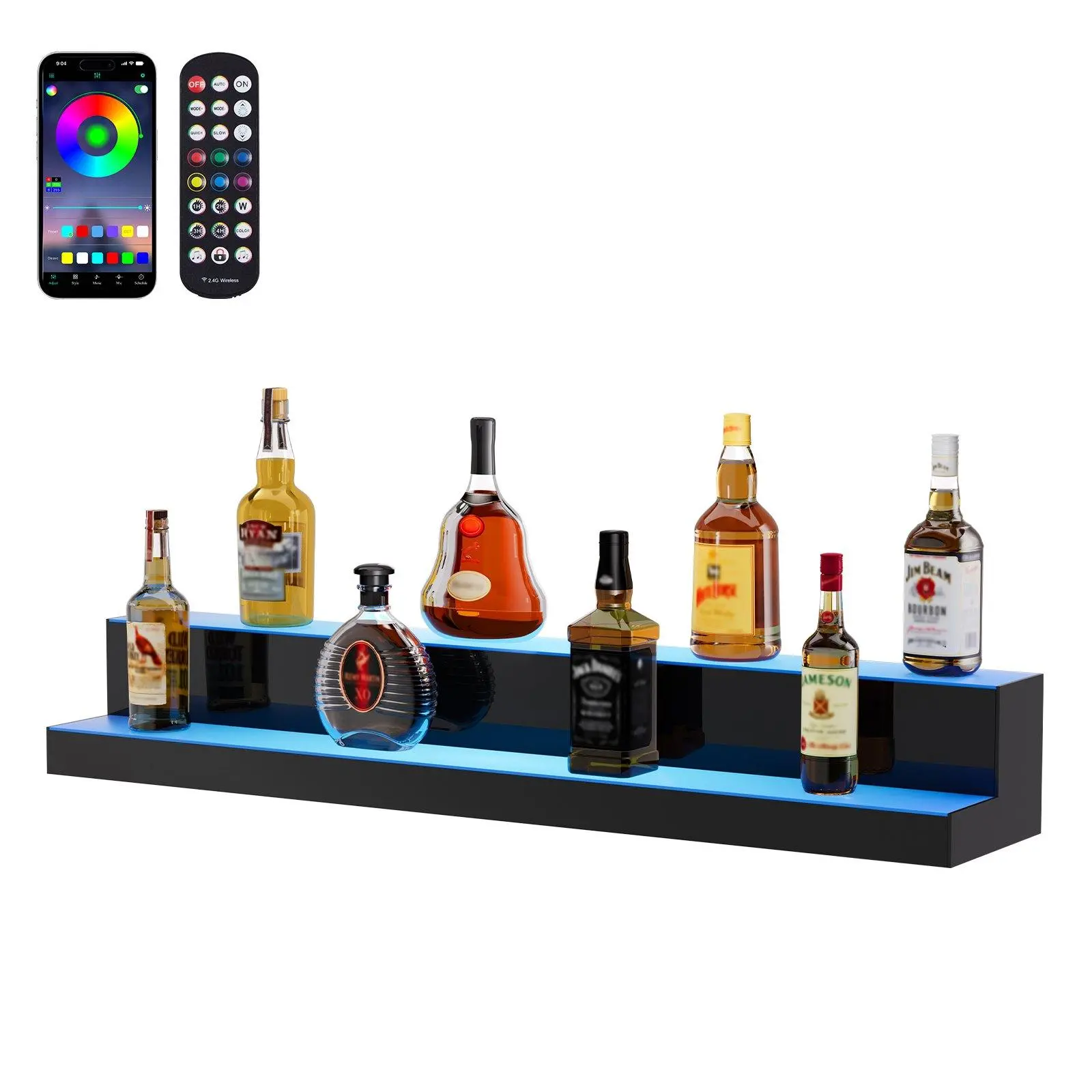 LED Lighted Liquor Bottle Wine Rack, 2-Tier 40-Inch Commercial Acrylic Home Bar Shelf, RF Remote & App Control, Multicolor Illuminated Drink Display Stand