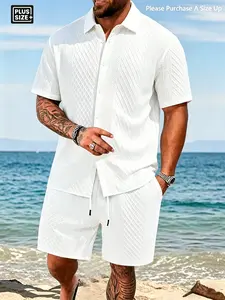 Men's Plus Size Textured Diamond Jacquard 2-Piece Short Sleeve Shirt & Drawstring Shorts Set, Breathable Casual Loungewear for Summer, Beach, Vacation, Daily Wear & Streetwear