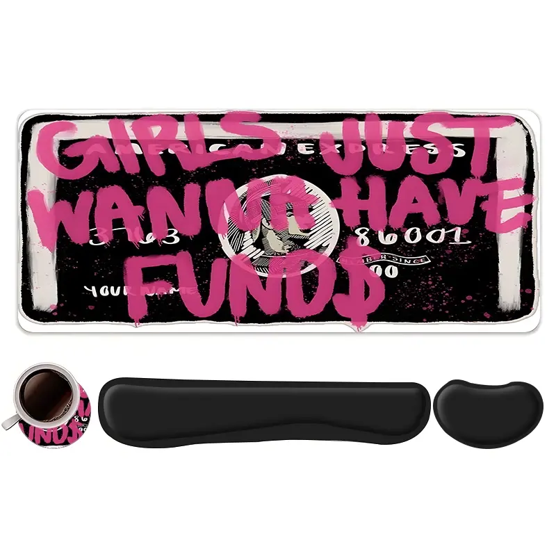 4pcs Graffiti Girls Just Wanna Have Funds Mouse Pad + Keyboard Wrist Rest + Ergonomic Mouse Pad + Coaster Set, Office Accessories Set, Computer Mat for Desktop Decoration, Suitable for Home Office Gaming, Non Slip Mousepad, Gaming Accessory, Gaming Items