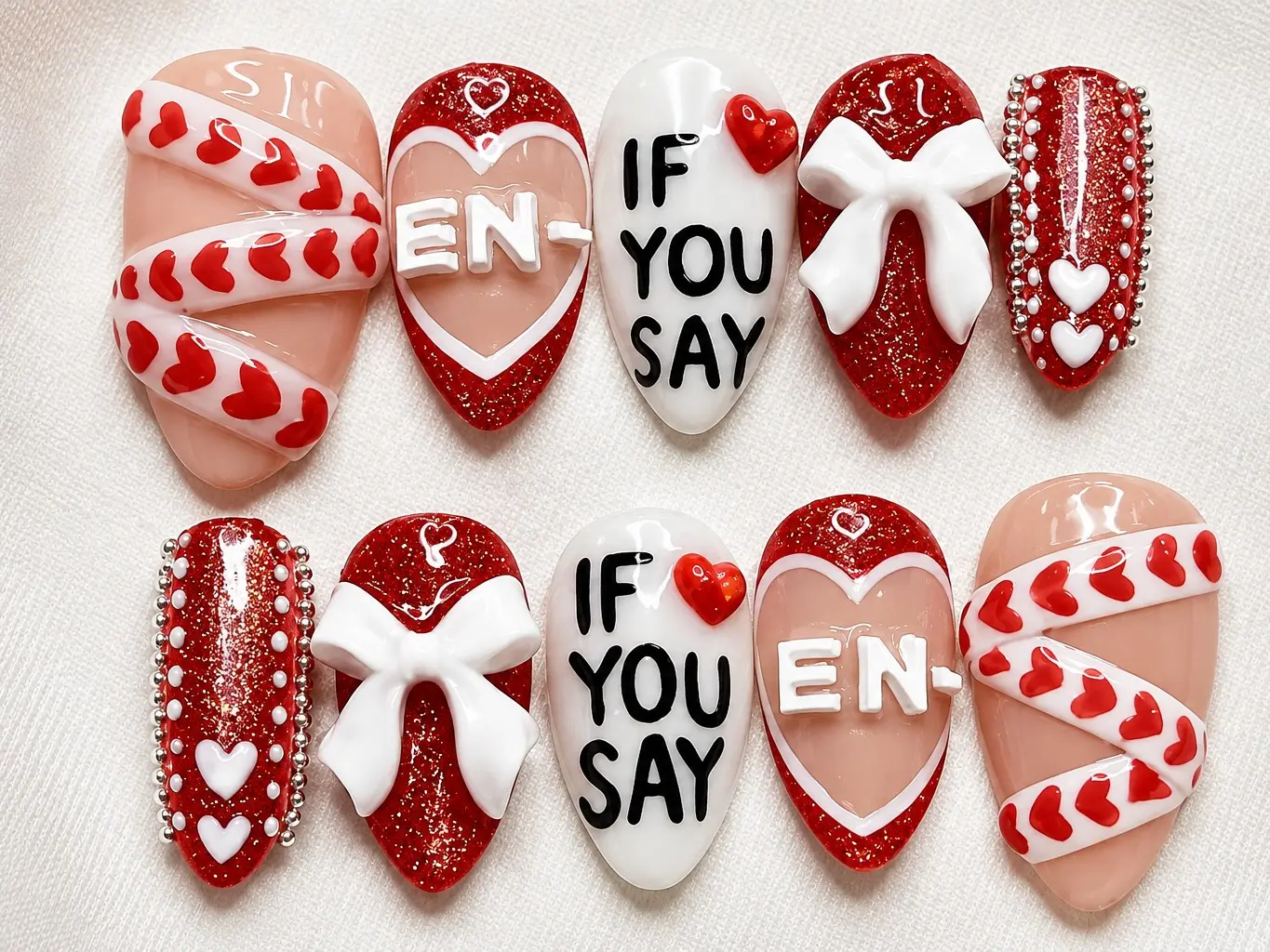 UNTOLD Press On Nails | Red White IF YOU SAY Ribbon Kpop Album Inspired Handmade Nail Set| FREE Adhesive Tabs  Nail File Cuticle Stick
