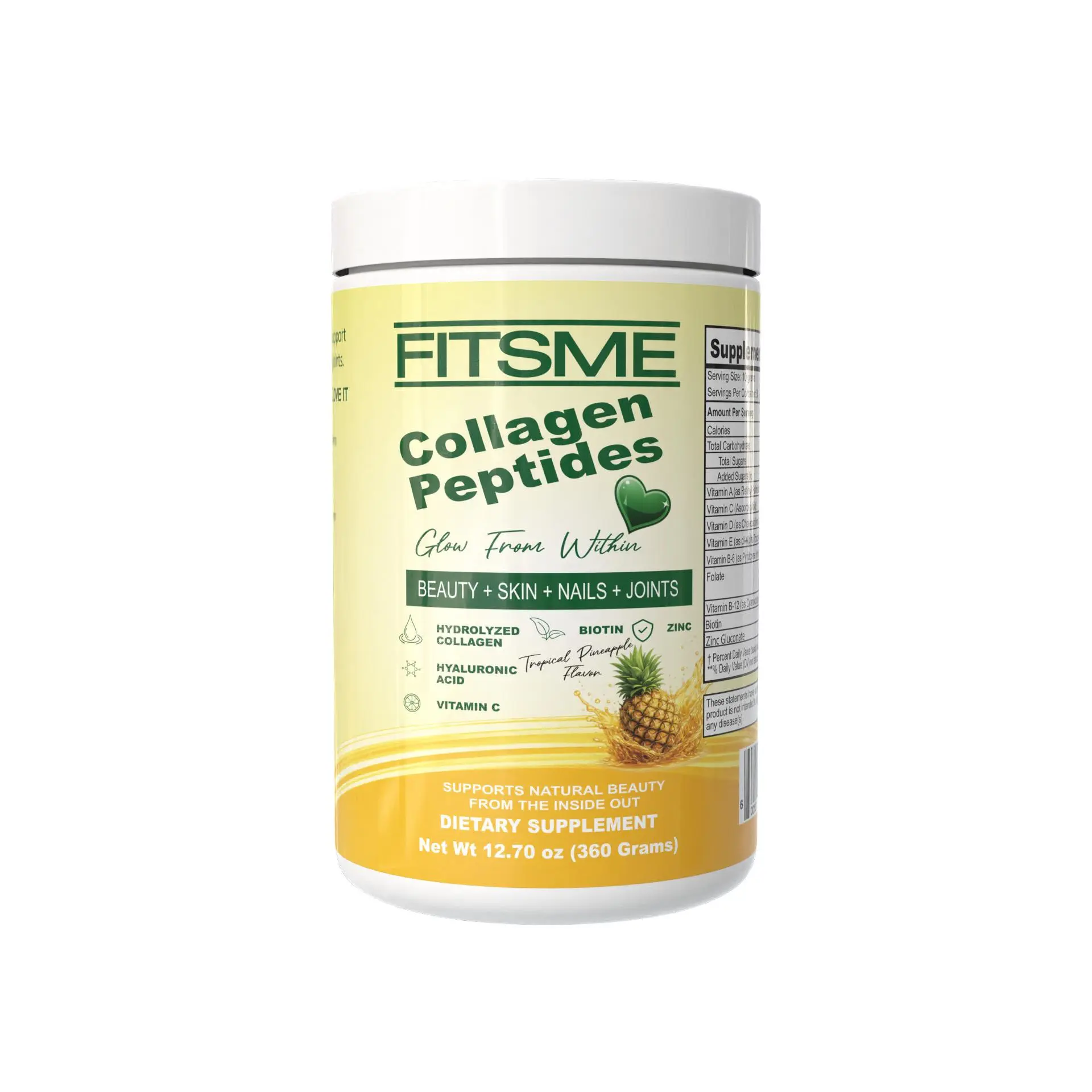 Fitsme Hydrolyzed Collagen Peptides Powder Dietary Supplement - Beauty & Skin Care Support, Biotin, Vitamins, Zinc, Prop 65 Safe - Tropical Pineapple Flavor for Inner Glow
