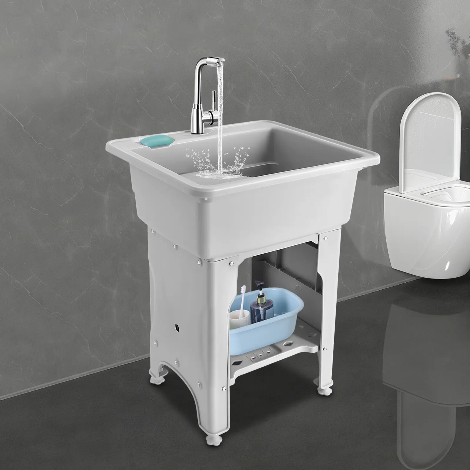 Summerwins Rectangle PP Heavy-Duty Laundry Sink - 21.65*16.93*9.06 in, 360° Swivel Faucet, 1 Washboard, Removable Board, 441 lbs Capacity, Assembly Required Utility Sink for Bathrooms