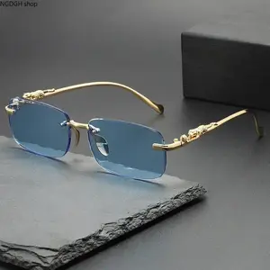 Rimless Gold Frame Sunglasses, Retro 90s Rectangular Black Lenses, Luxury Animal-Embossed Arms, UV400 Protection, Stylish Statement Shades for Streetwear & Night Outfits