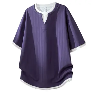 Summer 2026 V-neck jacquard short-sleeve T-shirt with a faux two-piece design and contrasting piping; premium feel, loose casual fit, breathable and comfortable, trendy brand style that’s versatile and cool—ideal for everyday wear, outdoor sports, and vac