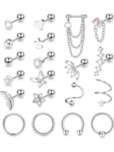 Dazzling 20 Pcs Silvery Diverse 16G Cartilage Earrings Piercing Tragus Surgical Steel Earrings for Women Men Feather Heart Star Hoop Earrings Ear Studs Piercing Ear Tragus Helix Conch Earrings Stud Earring Jewelry