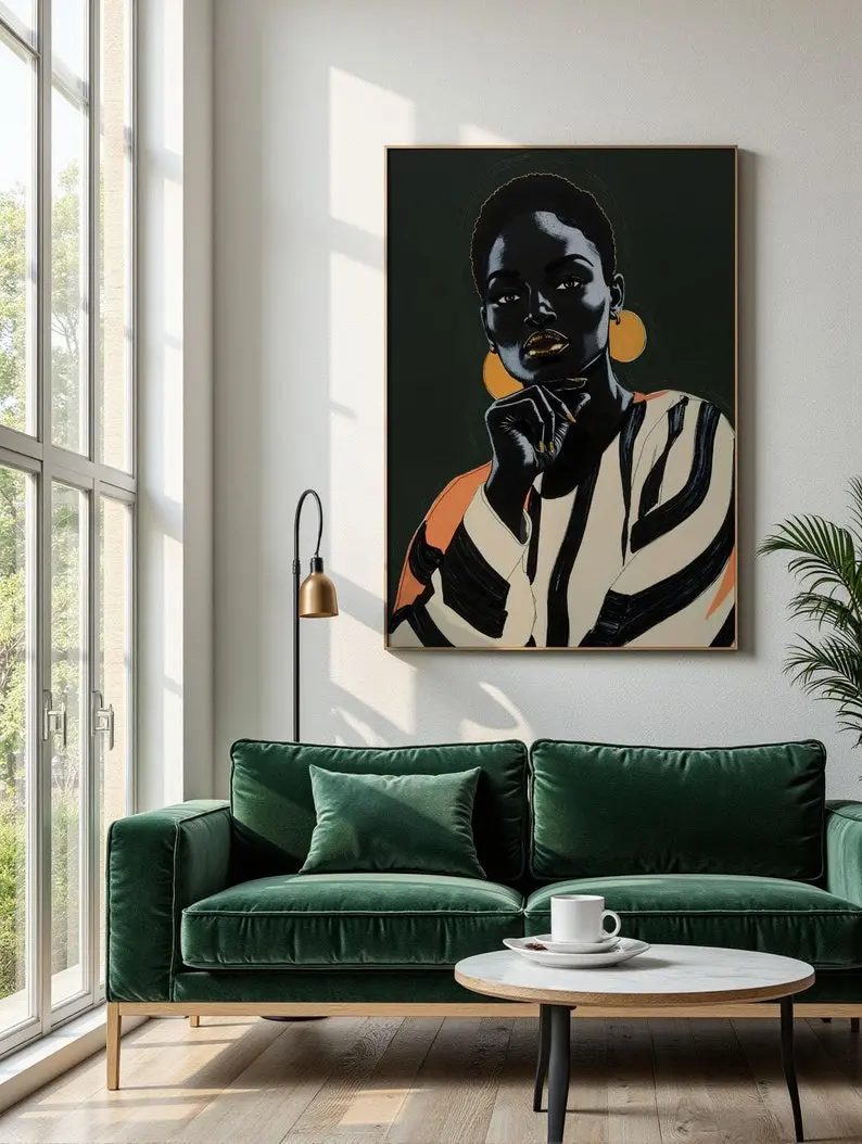 Black Woman Wall Art – Large Green Tone African Print, Afrocentric Home Decor, Unframed