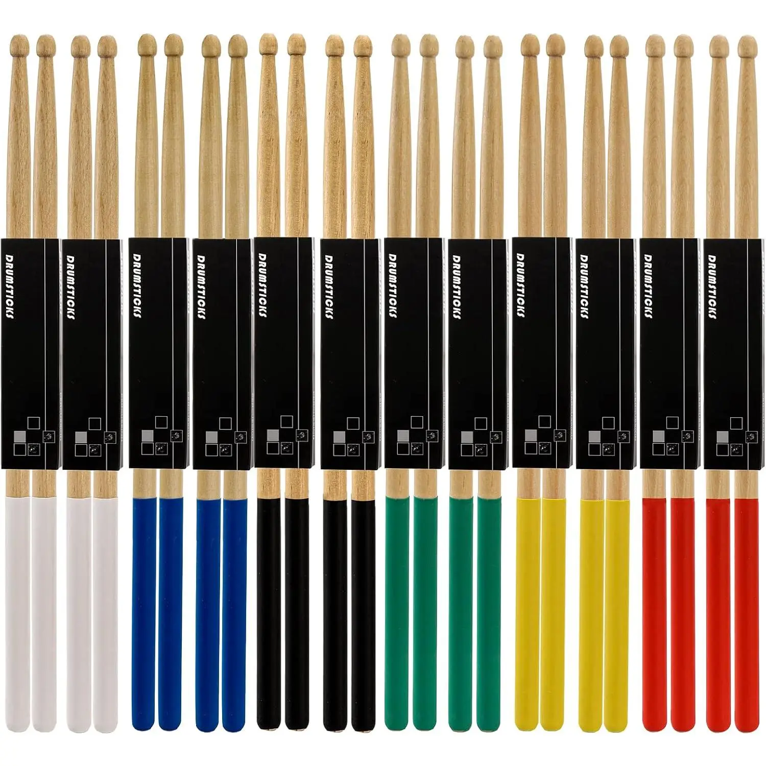 12 Pairs Classic 5A Maple Drum Sticks with Non-Slip Rubber Handle, Classic Oval Tip (14.8mm/0.58inch, 406mm/16 inch), for Ages 3+ & Adults, Percussion Accessories for Cafes, 6 Colors Musical Instrument Supplies