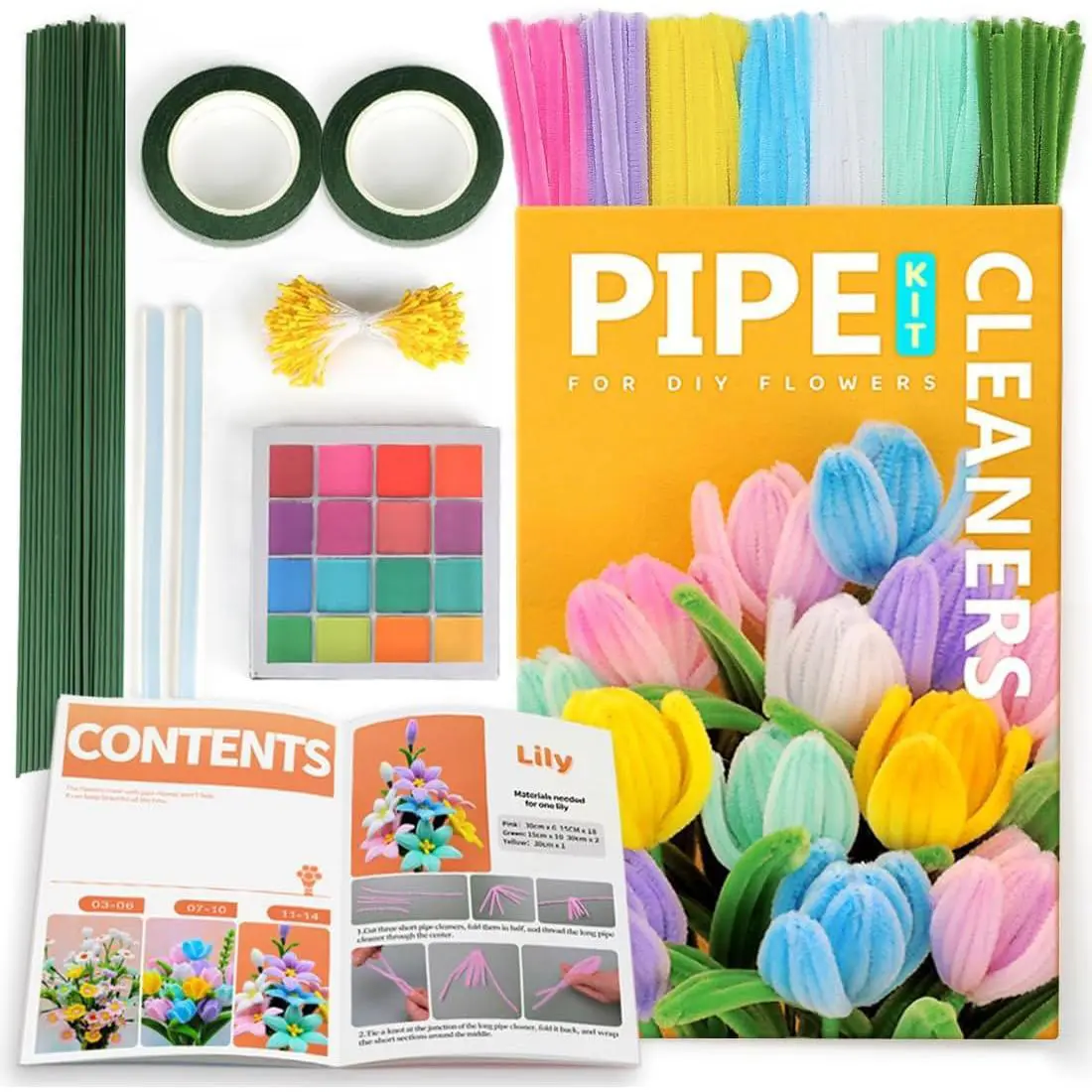 500pcs Multi-Colored Flexible Wire Flower Pipe Cleaners Handicraft DIY Craft Supplies Kit - Includes Stems, Cores, Glue Sticks, 2 Roll of Floral Tape, Flower Embellishments for DIY Ornament, Floral Arrangements
