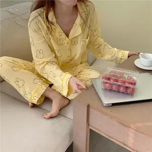 Kawaii Miffy Bunny Cute Cotton Gauze Sleepwear Set Open-Front Cardigan & Pants for Women Seasonless Home Outdoor Wear Loose Fit
