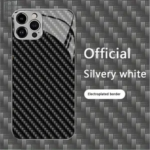 Carbon fiber textured background pattern, non-slip TPU full-coverage lens electroplated silver glass phone case, compatible with iPhone 17, 16, 15, 14, 13, 12, 11, Samsung and other models. Makes a great gift for friends or family.