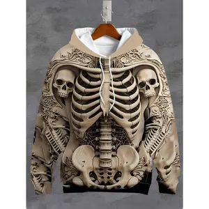 3D Skull Printed Long Sleeve Hoodie-Men's Casual Hoodie with Pockets, Knitted Polyester Fabric, Stretch Version, Autumn and Winter Collectibles Tops Pullover