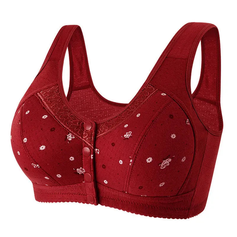Spring and summer plus-size middle-aged and elderly underwear, pure cotton wireless bra with front clasp, lace trim, and printed vest-style design