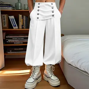 INCERUN Men's High-Waist Double-Breasted Vintage Sailor Pleated Uniform Pants - Button-Adorned, Closure, Elevated Nautical Lantern Leg Trousers, Quality Fabric, Casual Beach Wear for Wedding, Resort Holiday, Uniforms