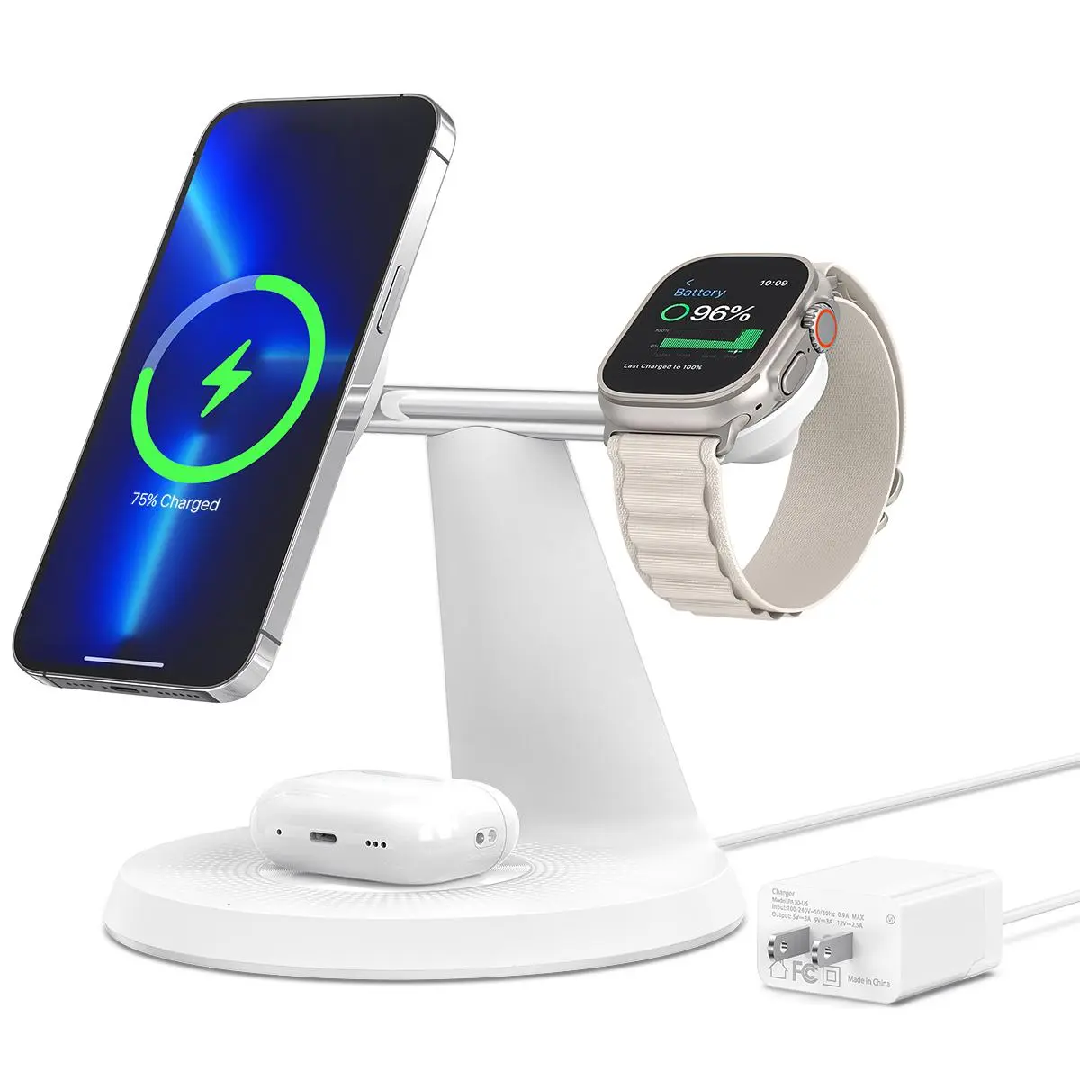 3-in-1 Silicone Cordless Charging Hub - Metal & Plastic Stable Stand, Fast Charging Bundle for iPhone 11+, iWatch, Smartphone, Tech Gadgets
