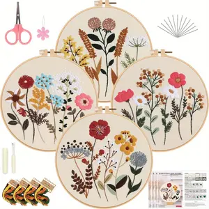 4 Sets Flower Embroidery Kit for Beginners, 1 wooden embroidery ring, thread and needle, Needlepoint Starter Kits with Patterns Embroidery Hoop Cloth Thread with Pattern and Instructions,,summerwins