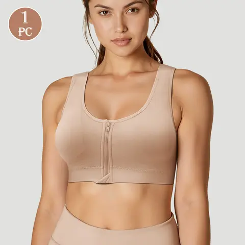 QUASTI 1PCS Women's Wireless Front Zipper Sports Bra, Seamless Breathable Push Up Bralette, Soft Stretch Cup Lifting Comfortable Underwear, Solid Color Lightweight Everyday Lingerie, M XXL