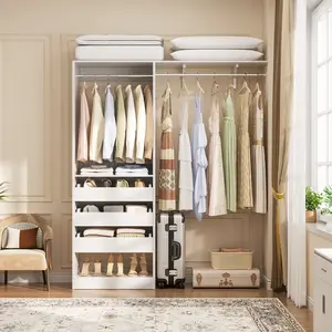 iSunirm 60" Wide x 80" Tall Freestanding Above-Ground Wardrobe Organizer, Heavy-Duty Adjustable Modular Extendable Closet System with 3 Half-Open Wooden Drawer Compartments, 2 Hanging Rods & Removable Tower for Walk-in Bedrooms, Adjustable Modular Wardrob