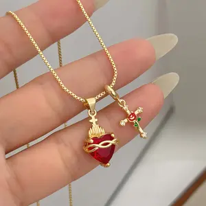 Heart-Shaped Rose Multi-Pendant Cross Collarbone Necklace - Fashionable High-End Jewelry, Crucifix, Heart Locket, Gothic, Colorful Cross, Chain Strap Styles, Crucifix Necklaces, Heart Locket Necklaces