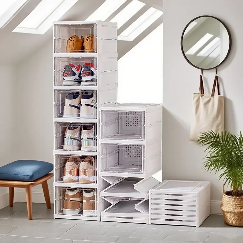 6-Layer Foldable Transparent Sneaker  Box, Stackable Dustproof High-Top Shoe Organizer for Home  Racks Pink White 3-Tier Rolling Cart Rotating Makeup and Skincare mobile folding trolley corner shelf Triple-Tier Spice multi collapsible dish cologne