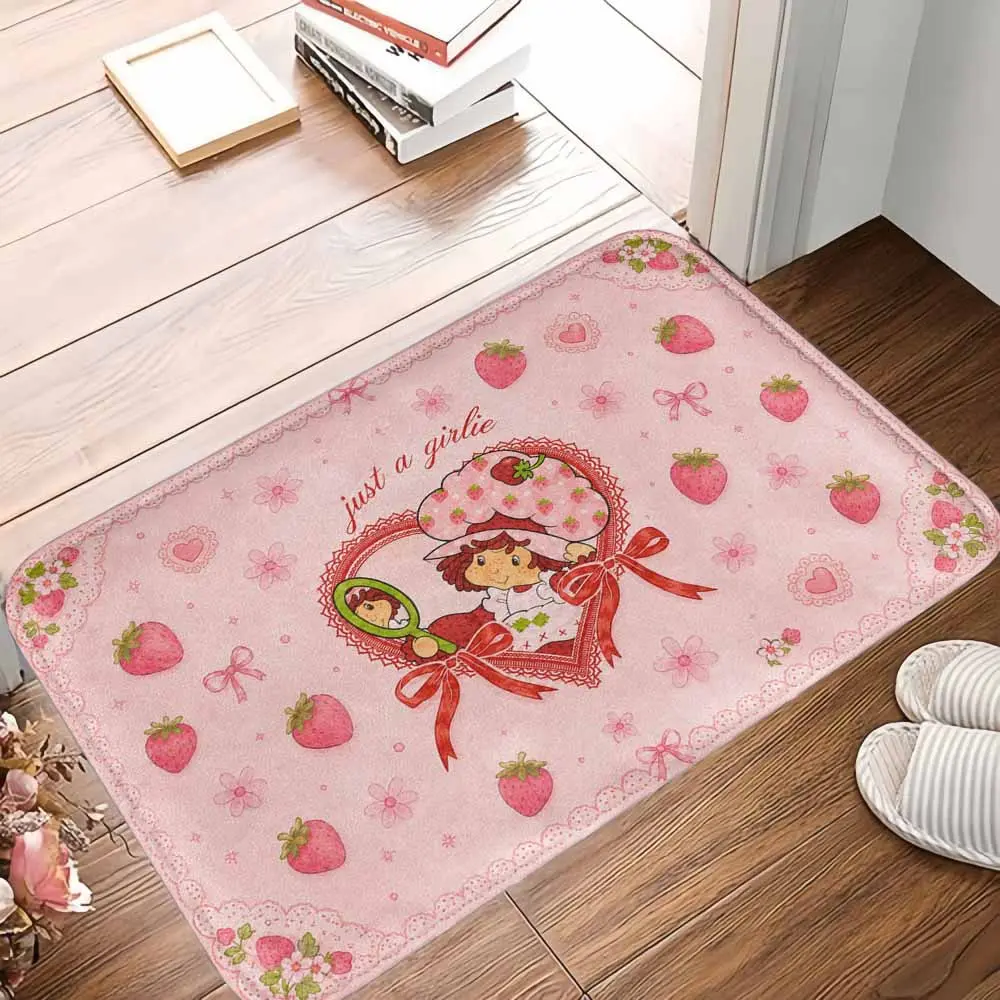 Strawberry Girl Floor Mat Cute Strawberry Bow Heart Floral Print Soft Absorbent Non Slip Washable Rug for Bedroom Vanity Dorm Apartment Cafe Gift Decor Entrance Bathroom Kitchen,back to school,dorm essentials,home decor,home essentials