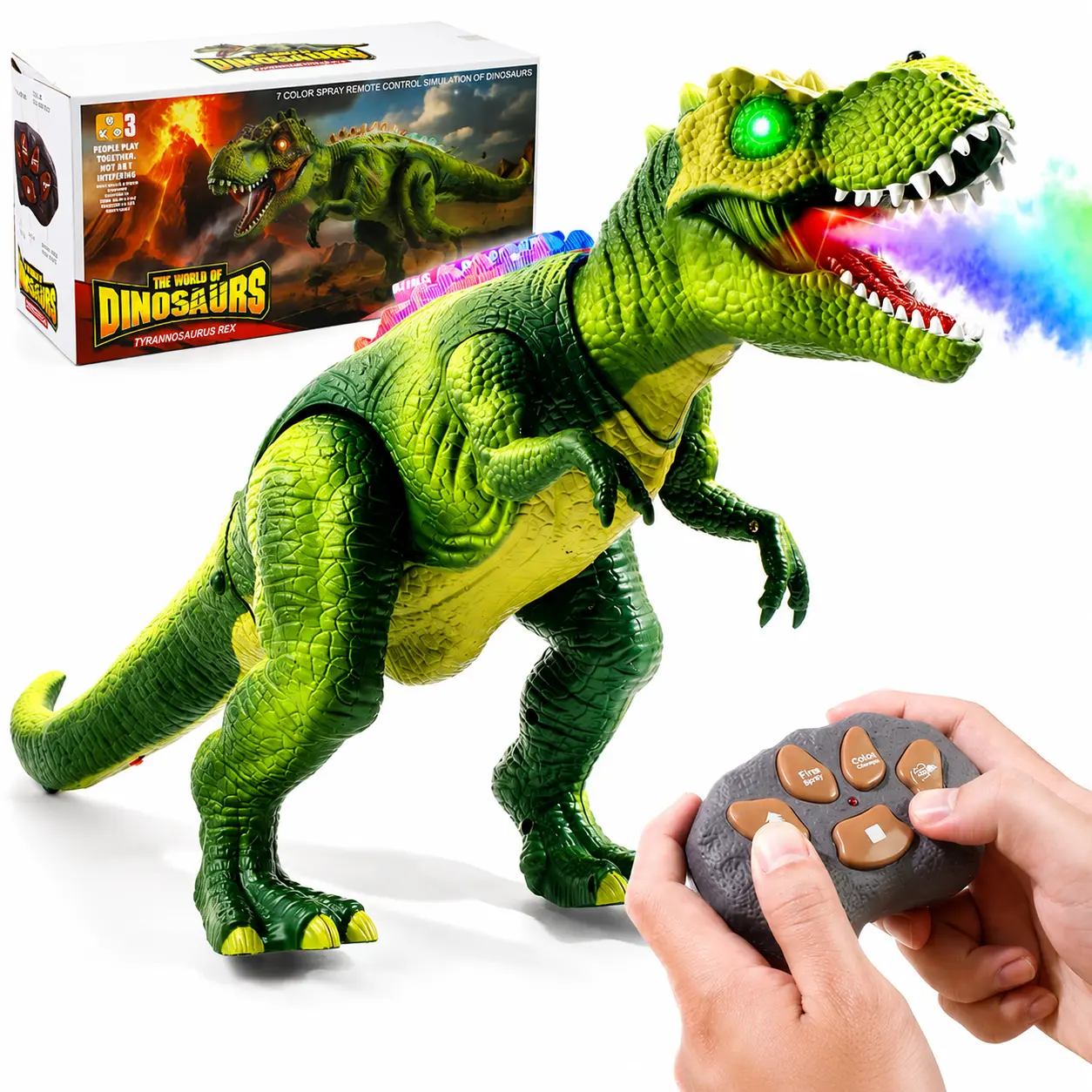 Remote Control T-Rex Dinosaur Toy for Kids, Walking RC Dino with Mist Spray, LED Lights, Roaring Sounds and Interactive Play for Boys Girls