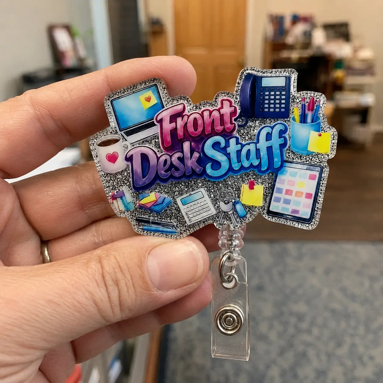 Front Desk Staff and Receptionists Badge Reel for  Glitter Acrylic ID Holder, Retractable Clip, Hotel Guest Services Accessory