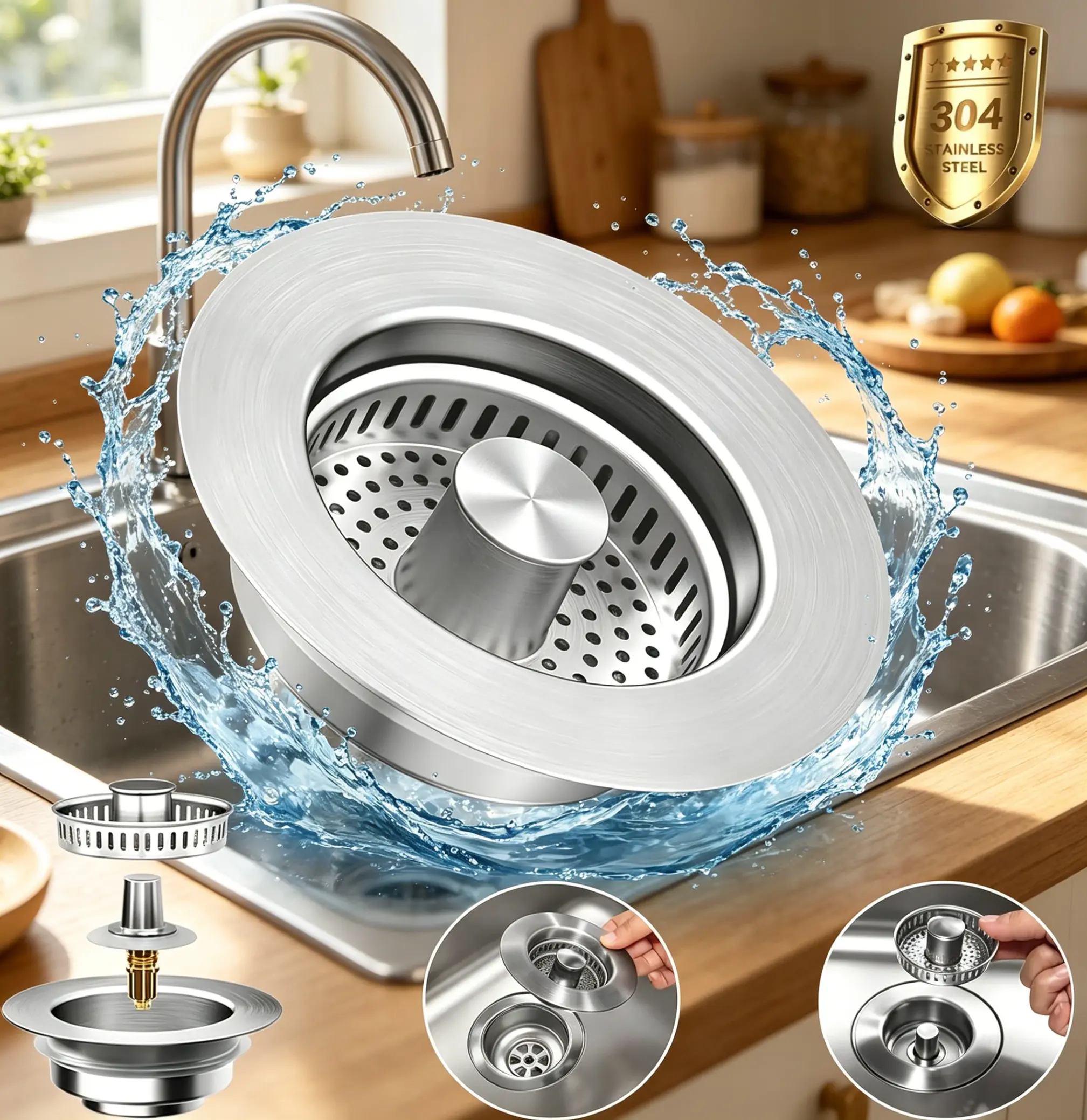 3-in-1 Multi-Function Stainless Steel Sink Strainer & Stopper, Universal Lift-Core Kitchen Sink Drainer with Detachable Filter Basket for Easy Installation, Smooth Drainage