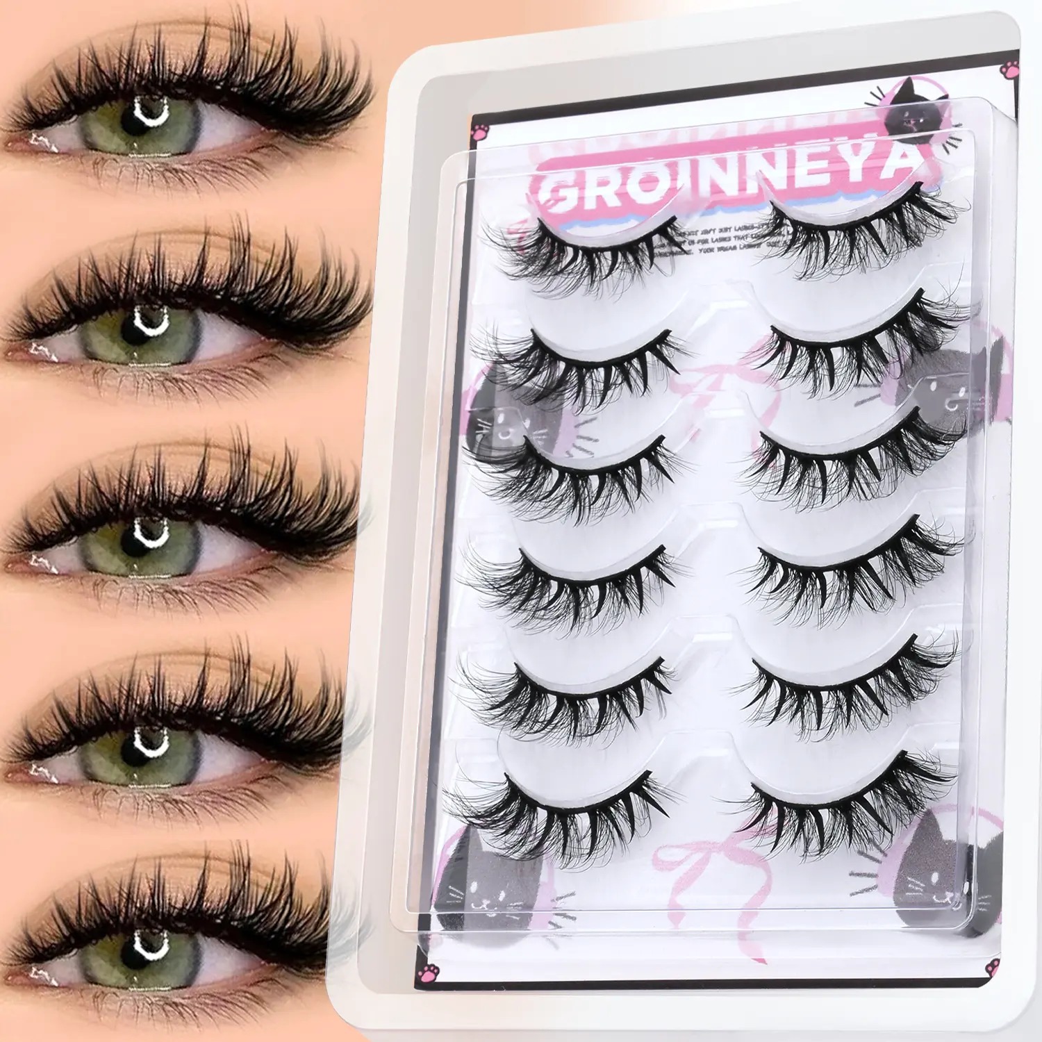GROINNEYA Cat Eyelashes False Eyelashes Eyelash Falsies Fluffy Faux Mink Lashes Wispy Lashes Natural Look Wispy Winged End Eye Elongated Lashes, Eyelash Extensions, High Quality Eyelashes