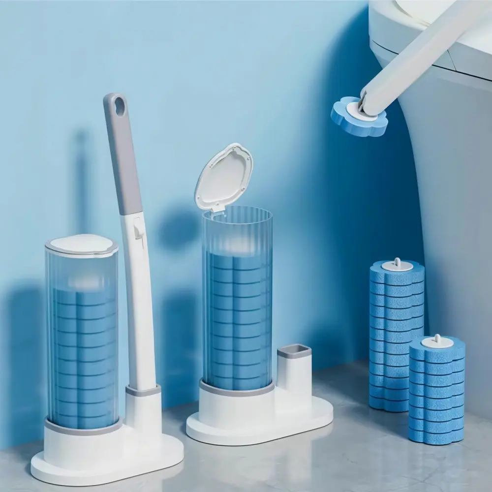 Disposable toilet brush set with no dead corner design, easy-to-replace brush heads, suitable for household use. Made of portable and durable plastic, it is a hygienic bathroom cleaning tool. Bathroom Supplies Home Restroom Cleaner
