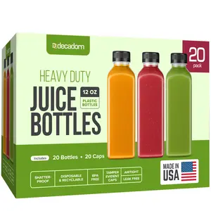 DECADORN 12oz 20pcs Juice Bottles With Caps - MADE IN USA Juice Containers With Lids For Fridge - Juicer Bottles With Tamper Evident Caps, Shatterproof, BPA-Free, Leak proof, Disposable & Recyclable